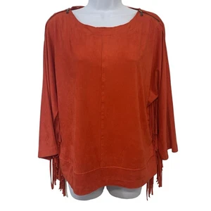 Chicos 1 Fringe Top Woman Medium/8 Orange Faux Suede Zippers Western Moto New - Picture 1 of 10