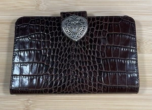 Brighton Organizer Checkbook Wallet Brown Leather Moc Reptile Croc Silver Heart - Picture 1 of 8