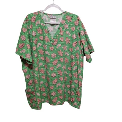 UA Scrubs Womens 4X Gingerbread Gecko Scrub Top Green V Neck Medical Holiday - Image 1 of 4
