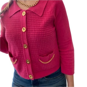 WD NY Vintage Retro Hot Pink Gold Chain Barbie Cotton Blend Cardigan Sweater S - Picture 1 of 6