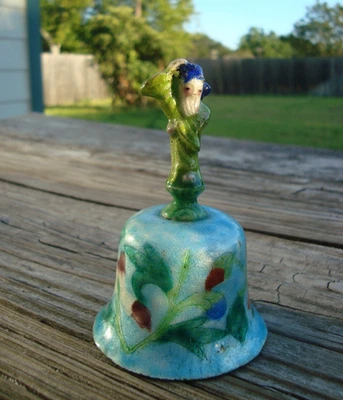 Antique Chinese Enamel on Copper Bell w/ Top Figure &  Flowers on Turquoise Blue - Image 1 of 4