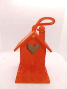 New Rare 4.5" Wood Heart Birdhouse with Fence Color Orange - Picture 1 of 2