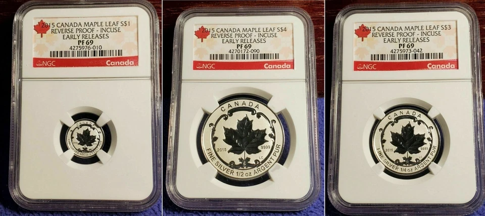 2015 CANADA $1 $3 $4 MAPLE LEAF .999 NGC PR69 PROOF INCUSE SET LOT OF 3 COINS - Image 1 of 4