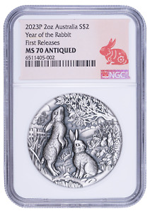 2023 $2 Australia Lunar Rabbit 2oz Silver NGC MS70 Antiqued - First Releases
