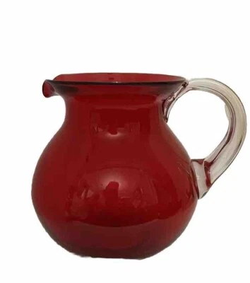 Vintage Ruby Red Hand Blown Glass Pitcher With Clear Handle 7”Hx 8”W - Image 1 of 4