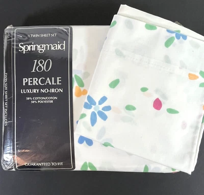 Springmaid twin sheet set NANCY percale blue pink green flower power EXTRA CASE - Image 1 of 4