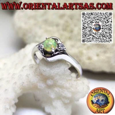 Anello in Argento 925‰  "trilogy" obliquo con opale arlecchino tondo e zircone - Immagine 1 di 4