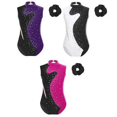Kids Girls Bodysuit With Hair Tie Headwear Athletic Gymnastics Outfit Workout - Image 1 of 3