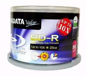 50 RIDATA Valor BluRay Up to 10X Blank BD-R 25GB White Inkjet Hub Printable Disc - Picture 1 of 4