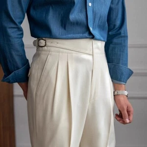 Air Breathable Men Pants with Belt Pleated Formal Tuxedo Suit Wedding 9-Point - Picture 1 of 12
