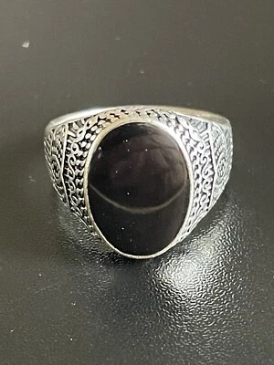 Шикарный черный обсидиан драгоценный камень S925 серебро покрытием мужчин женщин кольцо размер 10 - Изображение 1 из 4