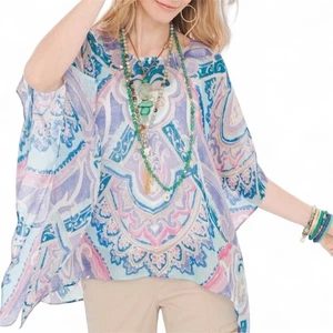 Chico's 100% Linen Poncho Pastel Paisley‎ Boho Top Oversized Women's S/M - Picture 1 of 9