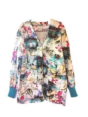 Peaches Uniform Women's XL Long Sleeve Tropical pockets cuffs v neck green aqua - Image 1 of 4