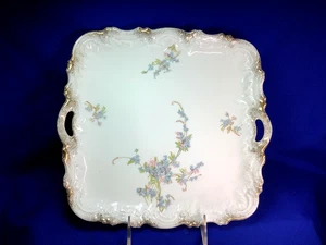 Antique Limoges France Blue Floral Porcelain Tray Gold Trim Double Handle    202 - Picture 1 of 8