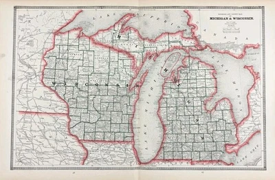 1883 MICHIGAN - WISCONSIN Map Original  (18x12)  GREAT LAKES - UPPER PENINSULA  - Image 1 of 4