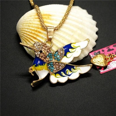 Betsey Johnson Cristal Real Azul Colibrí Oro Colgante Collar Bolsa de Regalo Gratis Foto 1 de 4