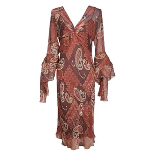 Vintage 90s Y2K Silk Dress 6 Red Brown Paisley Flared Sleeve Boho Fairy Laundry - Picture 1 of 12
