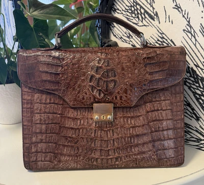 Pasta de jacaré vintage genuína Hornback marrom década de 1970 - Imagem 1 de 4