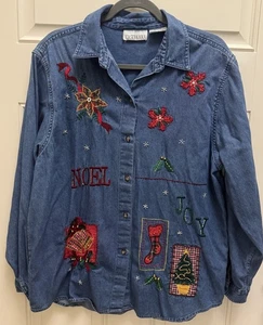 Vintage Casey & Max besticktes Perlen Weihnachten Jeanshemd Urlaub Gr. XL - Bild 1 von 11
