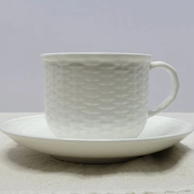 Wedgwood Nantucket Basket Cup & Saucer Set of 4 White Embossed Wicker Bone China - Image 1 of 4