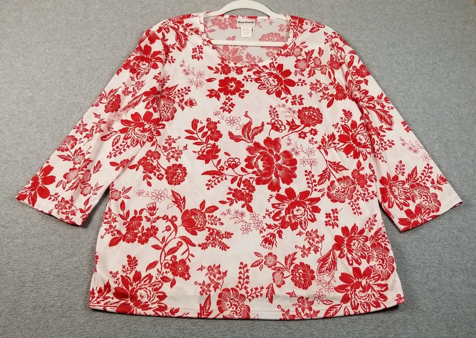 Top BonWorth para mujer grande rojo blanco floral manga 3/4 elástico primavera ver a través Foto 1 de 4