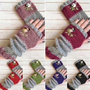 1Pair Women Winter Birds Embroidery Gloves Knitted Fingerless Mittens Gloves - Picture 1 of 17