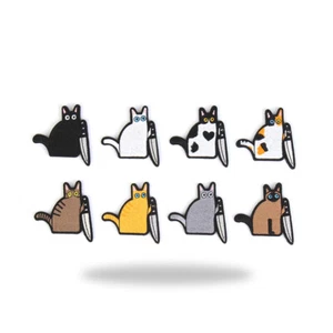 Cat with Knife Patches Funny Embroidered Badge DIY Applique Repair Patches - Picture 1 of 34