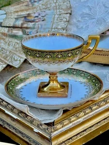 JEAN POUYAT LIMOGES  JEWELED CUP AND SAUCER FABULOUS DECOR - Picture 1 of 13