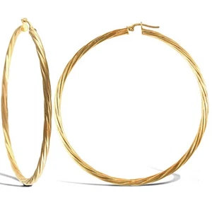 Ladies 9ct Gold Jewelco London Twisted 3mm Hoop Earrings 65mm - Picture 1 of 4