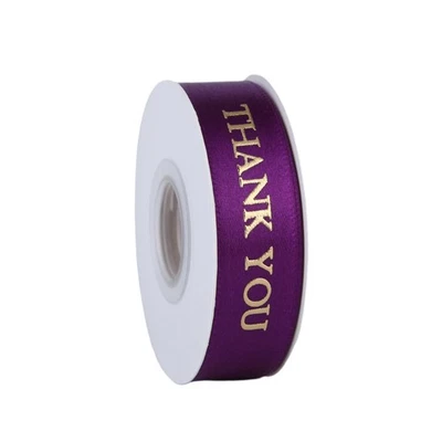 New Best 5/8 Inch 10-Yard Spool Violet and Gold Print Thank You Satin Ribbon for - Image 1 of 4