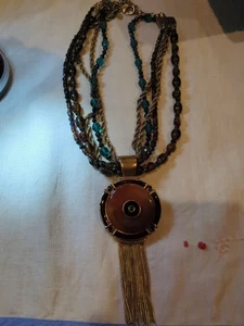 Rare Chico’s Strand Necklace Blue rhinestone amber glass copper-chain BigPendant - Picture 1 of 3