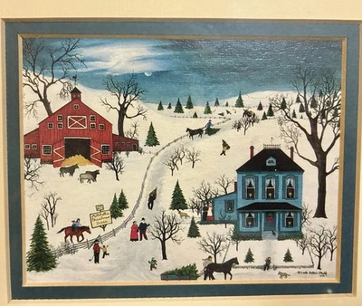 Casa de campo popular vintage de Navidad con estampado de pueblo de nieve granja país primitivo Foto 1 de 4