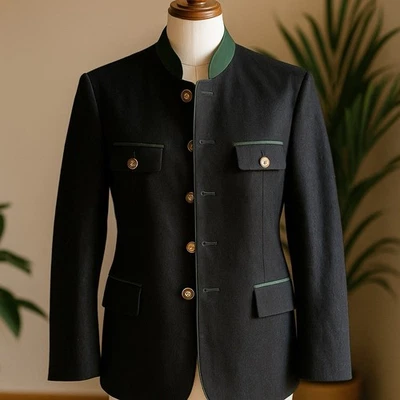Vintage German Trachten Jacket: Black Wool, Green Trim, Oktoberfest Blazer - Image 1 of 4