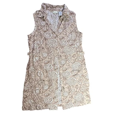 Linen Blend Ladies Large Sleeveless Button Front Floral Print Khaki Dress - Image 1 of 4