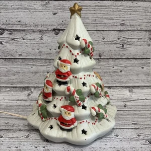 Canettes à bonbons sapin de Noël blanc 8" porcelaine lumineuse, ours en peluche, Père Noël vintage - Photo 1/8