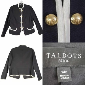 Talbots Blazer Women’s Size 14p Petite Black Ivory Military Jacket Cotton Gold - Picture 1 of 9