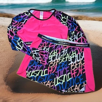 Justice Sport Rash Guard 2 изделия комплект купальник UPF 50 + девочек размер XL 16/18 Beach - Изображение 1 из 4