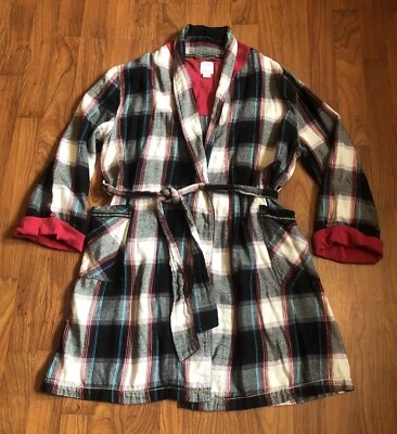 Lucky Brand Flannel Robe Black Cream Pink Plaid Pockets Tie Waist MEDIUM Soft - Image 1 of 4