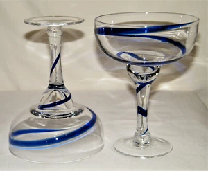 Lovely Set (2) ~Pier 1 Imports~ BLUE SWIRLINE MARGARITA GLASSES Swirled Stem EX! - Picture 1 of 5
