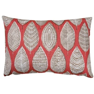 Indira Leaf Print Boudoir Cushion. Scarlet Red Indonesian Design. 17x12" - Picture 1 of 4