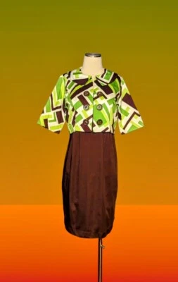 ROBBIE BEE Mujer 2 Piezas BOLERO Chaqueta Vestido Marrón Verde GEOMÉTRICO Pequeño Talla 6 Foto 1 de 4