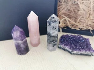 Rose Quartz Amethyst Tower Black Rutilated Quartz Amethyst cluster Crystal Gift - Picture 1 of 6