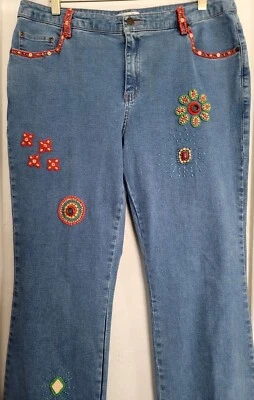 Pantalones de mezclilla Lillie Rubin para mujer talla 14 azul con cuentas estilo años 70 bootcut hippie elásticos Foto 1 de 4