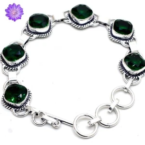 Lab Created Emerald Gemstone 925 Sterling Silver Bracelet Handmade Jewelry 7" - Picture 1 of 3
