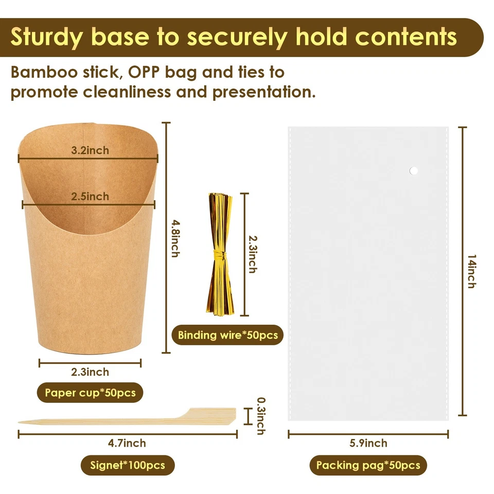 Hot Sale 50 pc French Fry Charcuterie Cup Set w/ bamboo toothpicks and OPP Bags - Image 1 of 4