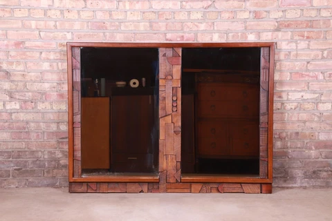 Paul Evans Style Lane Pueblo Brutalist Oak Framed Double Mirror, 1970s Cover