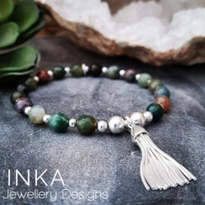 Sterling Silver Tassel Bracelet 925 Beaded Indian Agate Stretch Bracelet By INKA - Picture 1 of 9