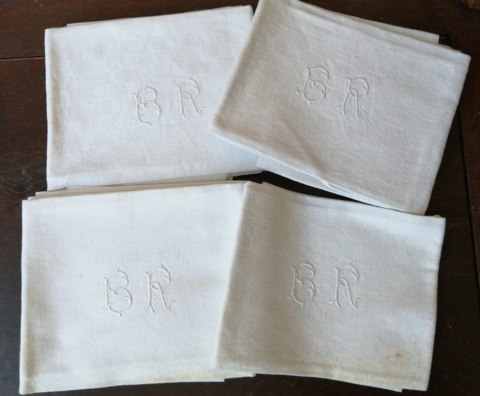 AR2- Lot de 12 Serviettes de table coton damassé Monogramme BR 55 X 65cm - Photo 1/4