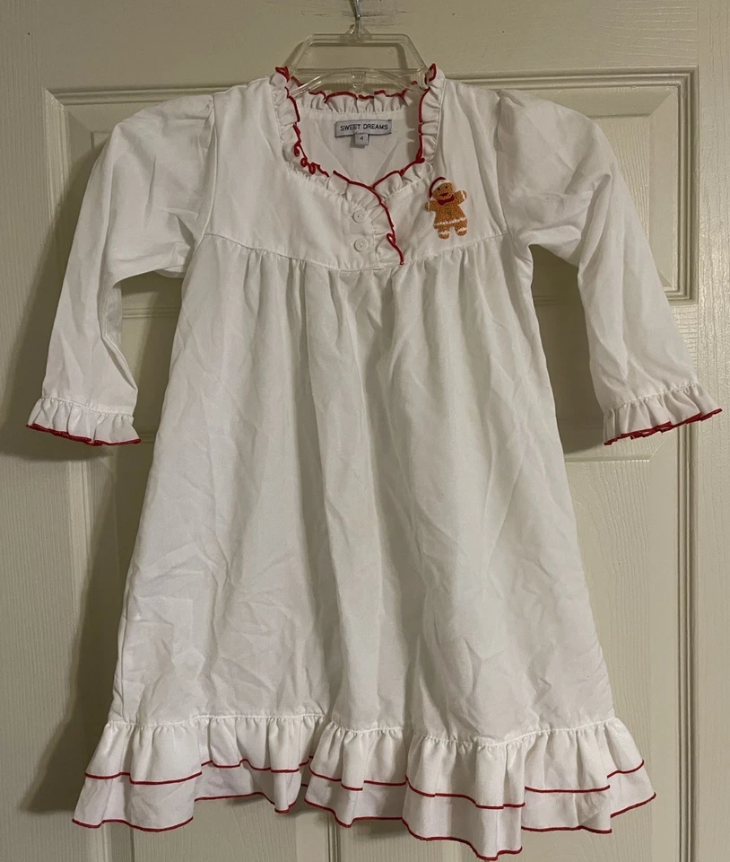 Camisón vintage Sweet Dreams niñas pequeñas talla 4 blanco rojo ribete pan de jengibre hombre Foto 1 de 4