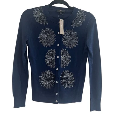 J.Crew Sequin Flower Jackie Knit Merino Wool Cardigan Sweater Navy Size S - Image 1 of 4